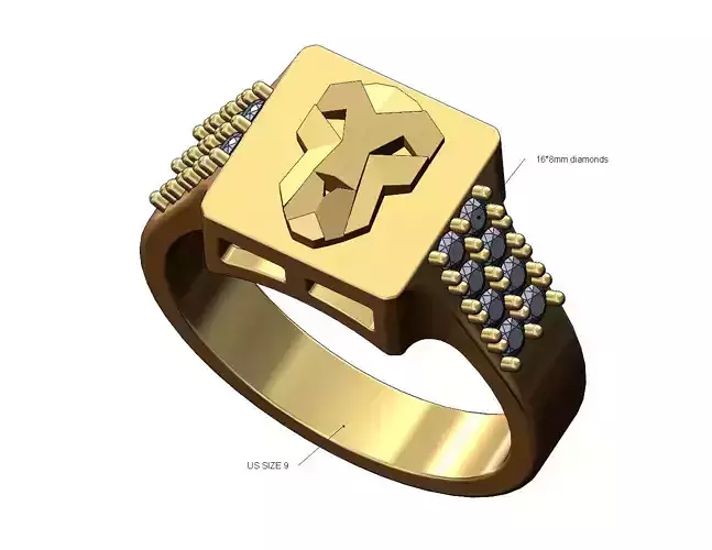 Faceted Lion diamond sides square signet ring US size 9