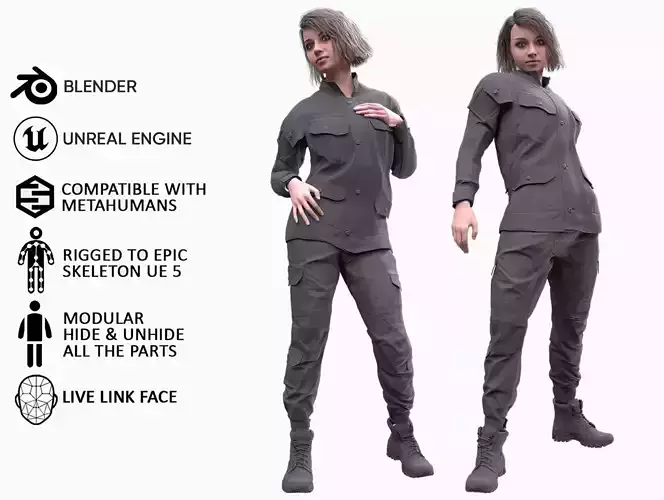 Woman - Military Uniform 2 - Modular - Rigged Low-poly 3D model
