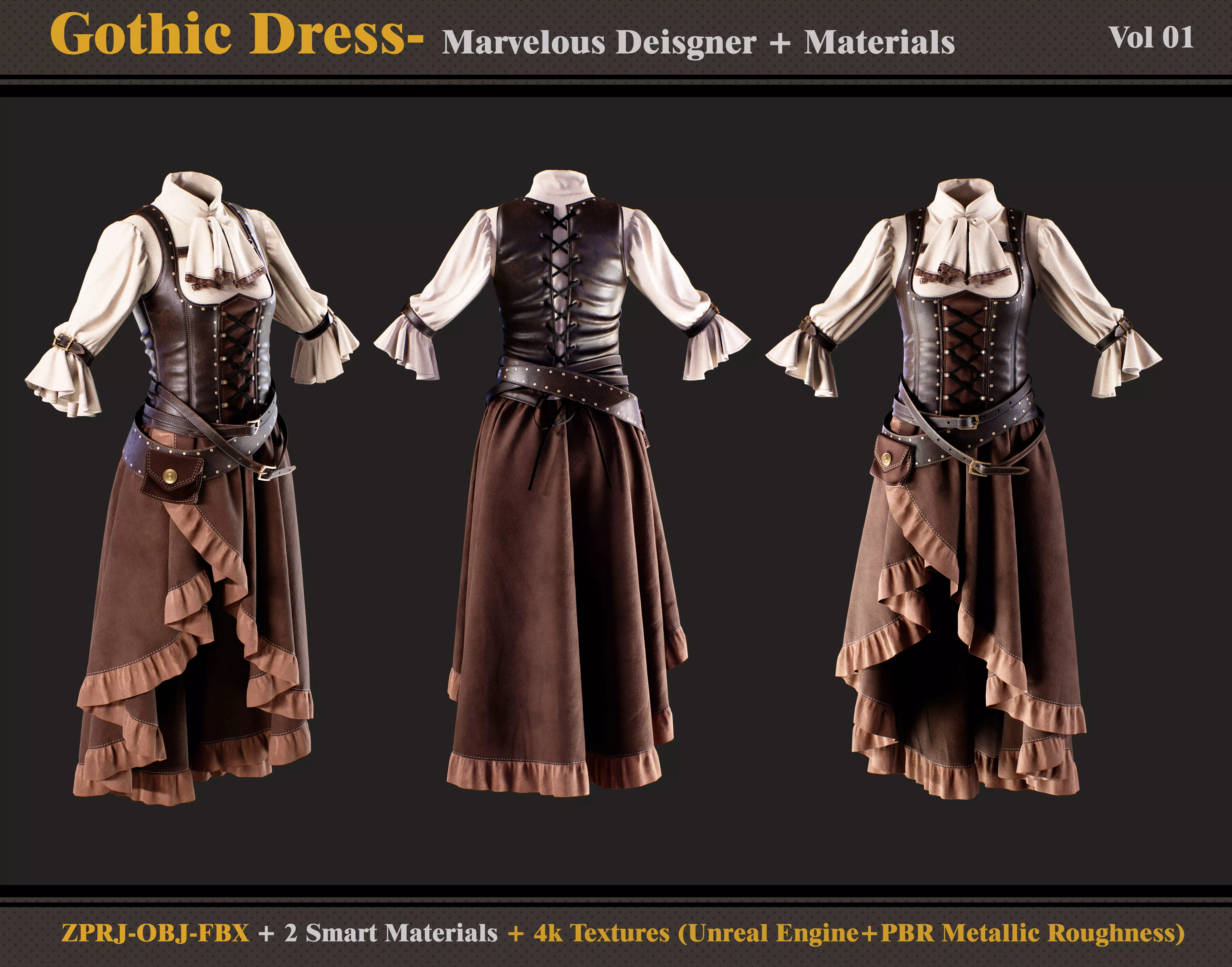 Gothic Dress- Marvelous Designer - Materials -Textures -OBJ -FBX 3D model |  CGTrader