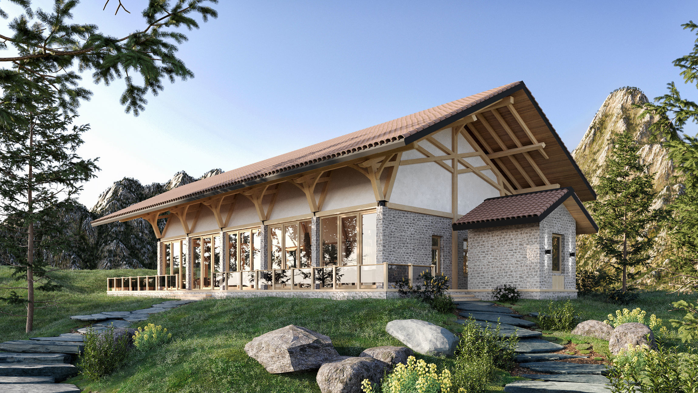 Exterior scene restaurant in the mountains 3D model 3D model_3