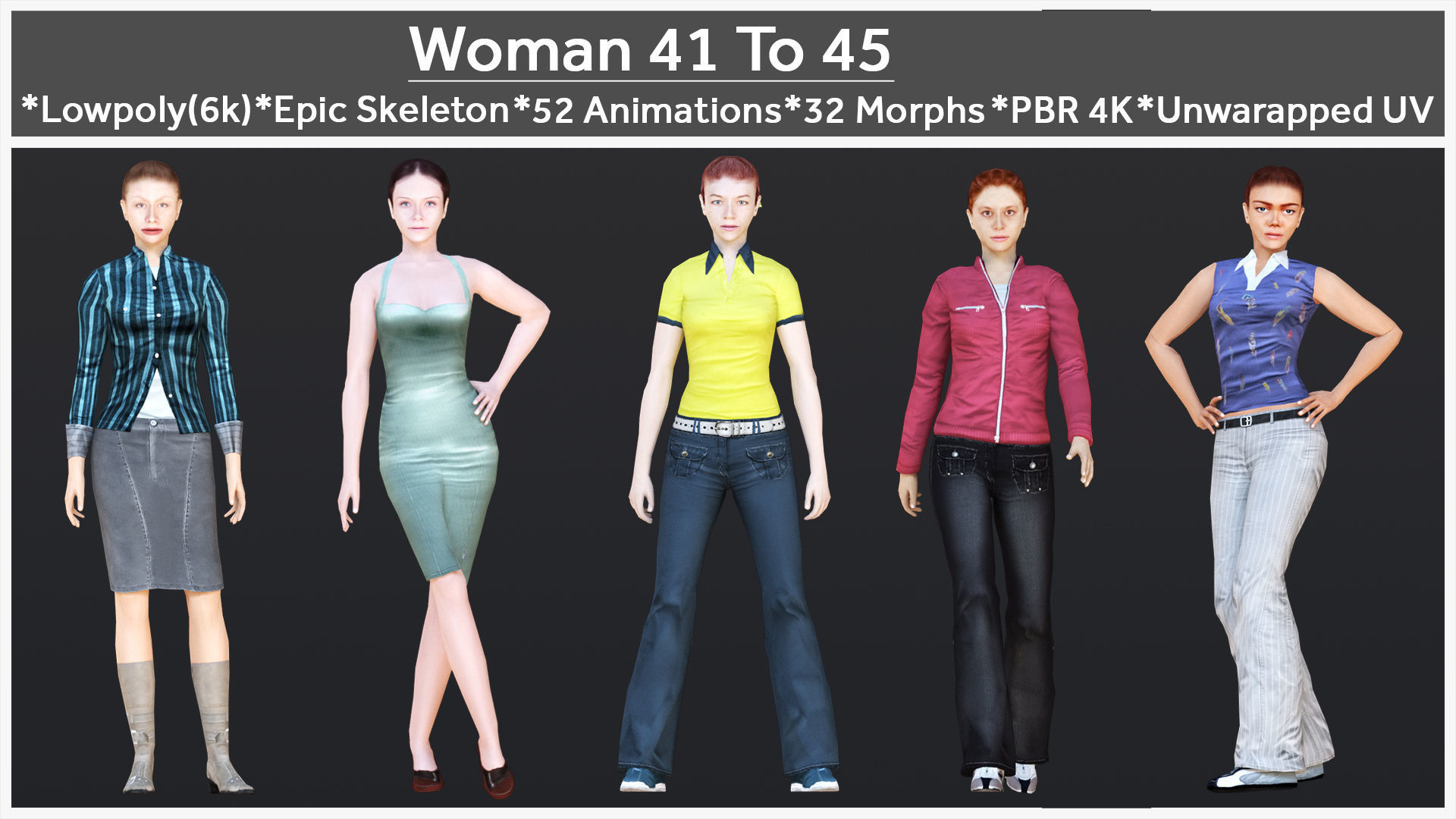 Woman 41 To 45 With 52 Animations 32 Morphs 3D Model Collection_1
