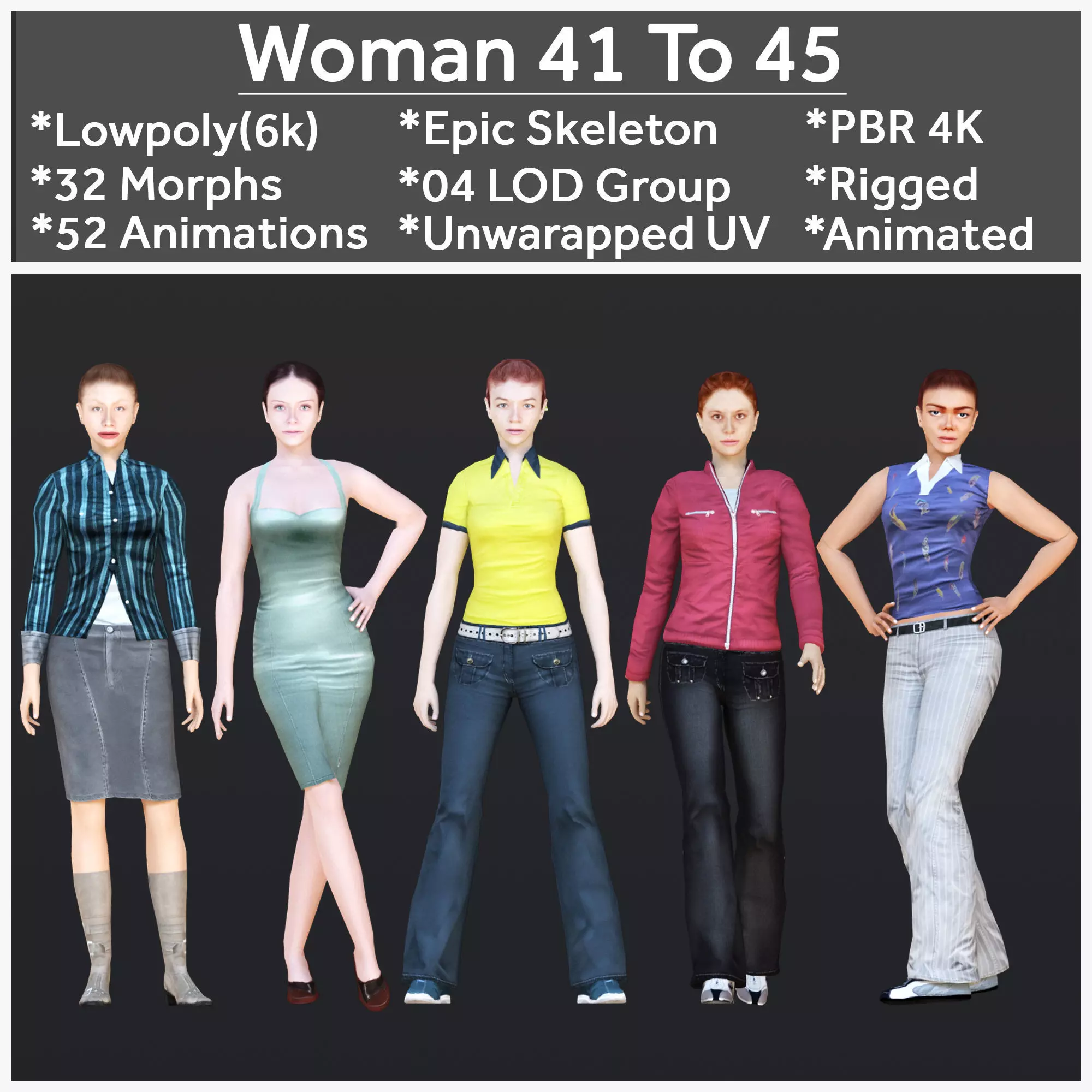 Woman 41 To 45 With 52 Animations 32 Morphs 3D Model Collection_0