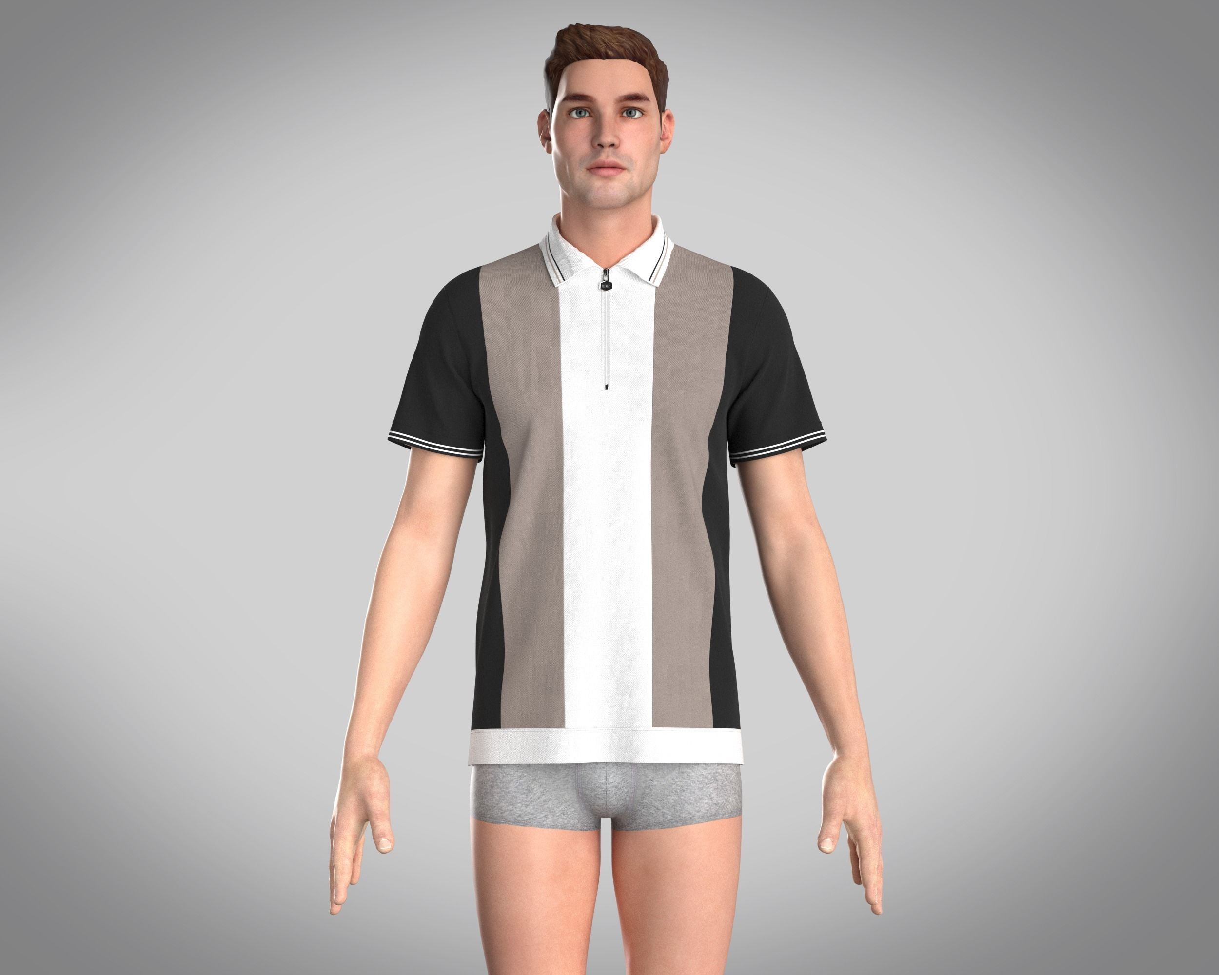 MENS HALF-ZIP STRIPED POLO T-SHIRT 3D model_6