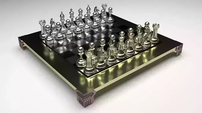 Metallic Chess Figures On Metallic Chess Board 3D model