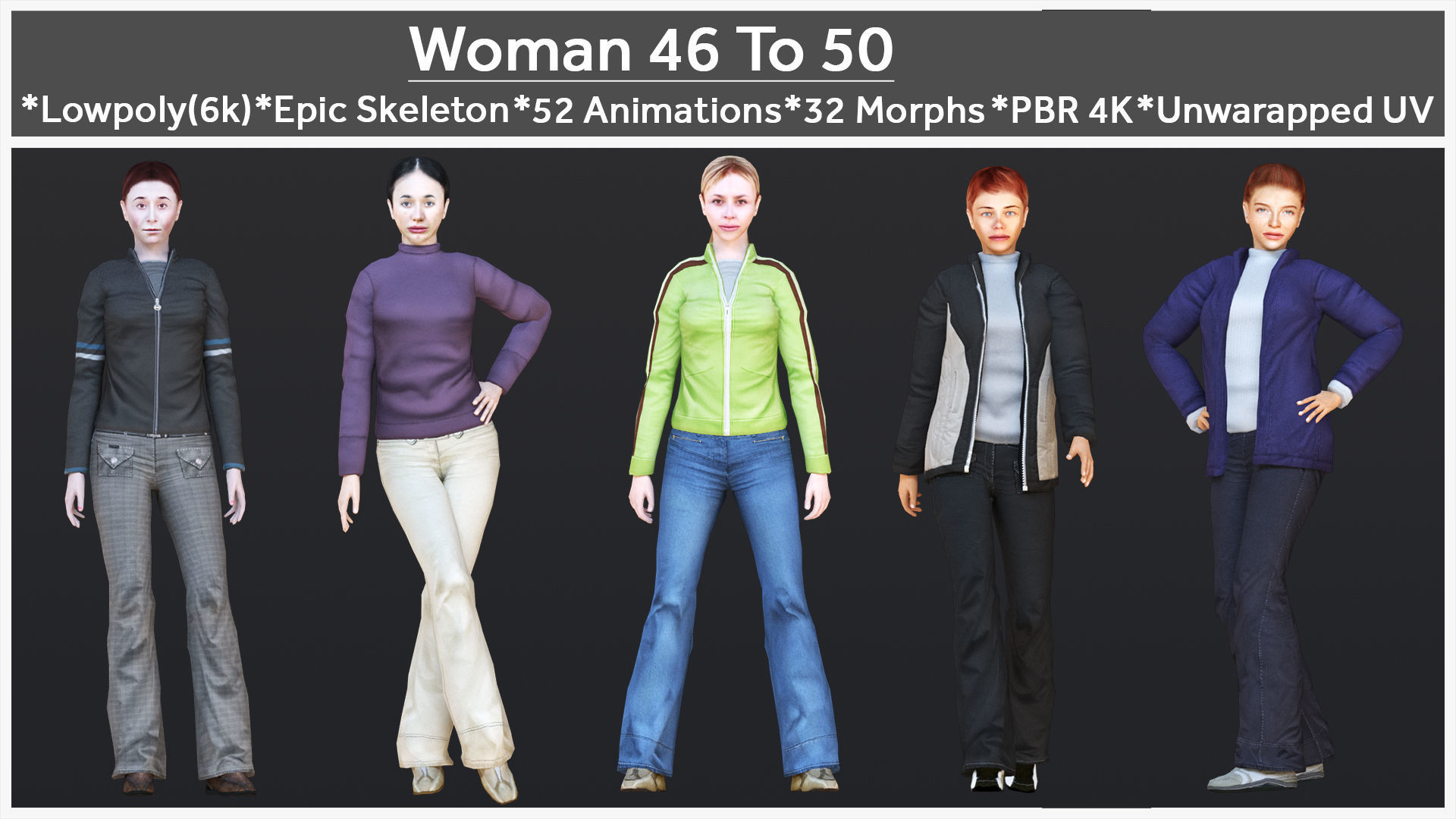 Woman 46 To 50 With 52 Animations 32 Morphs 3D Model Collection_1