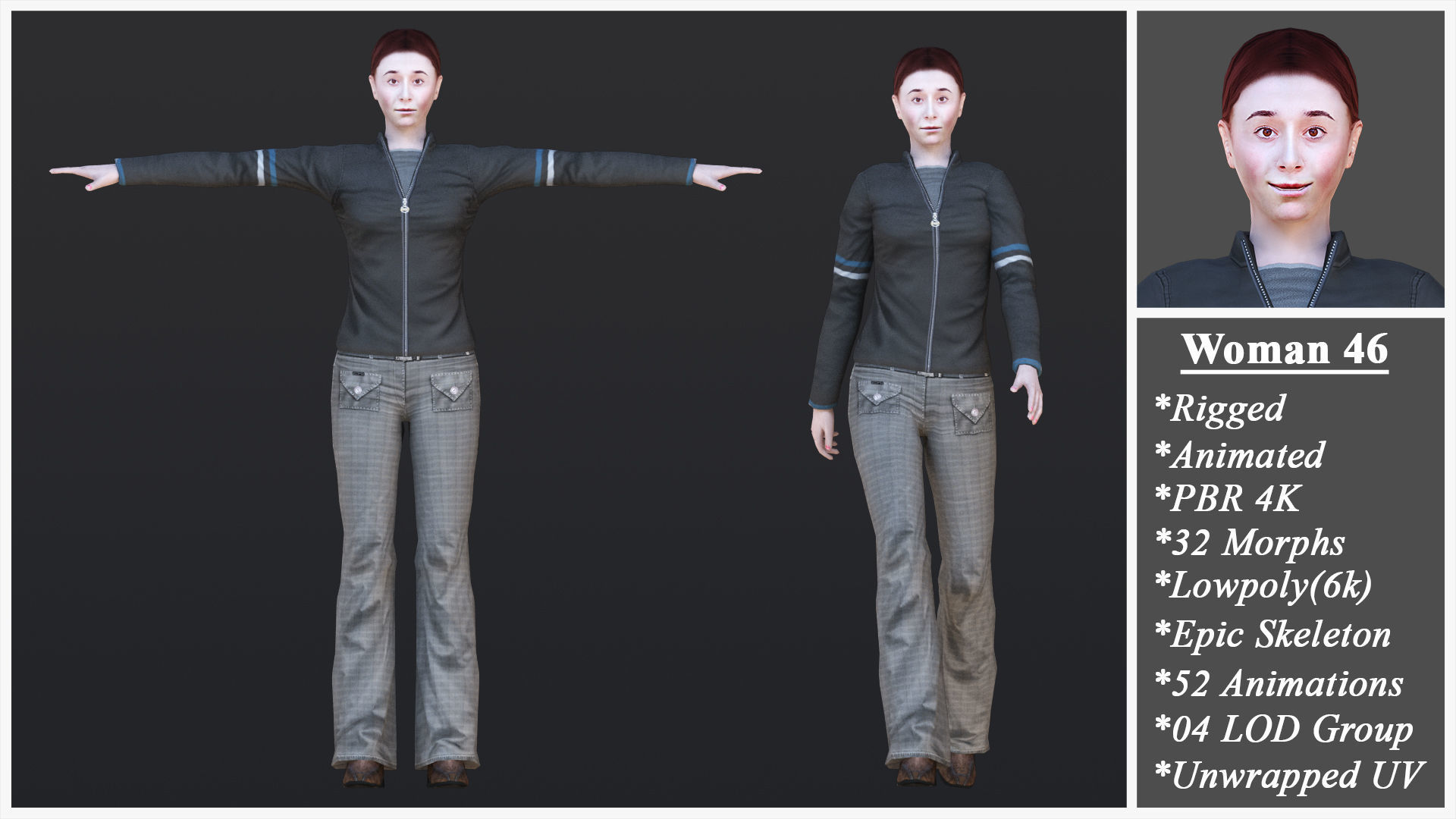 Woman 46 To 50 With 52 Animations 32 Morphs 3D Model Collection_5