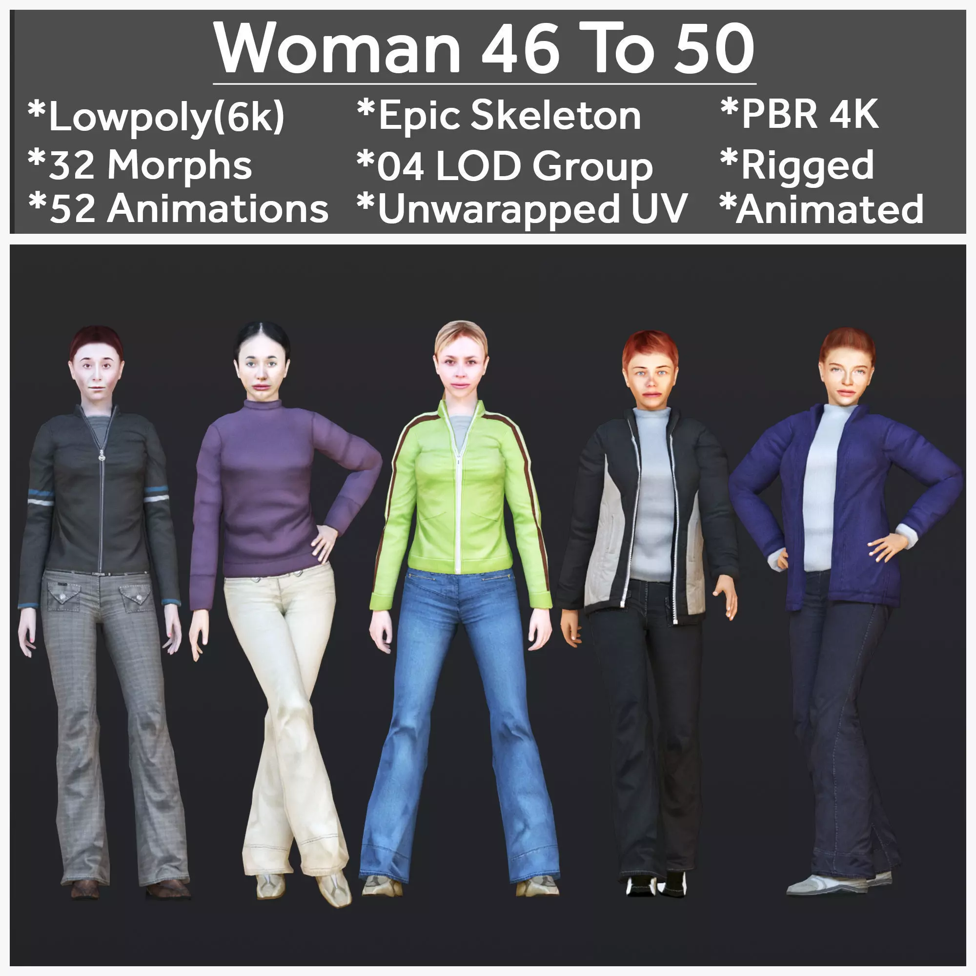 Woman 46 To 50 With 52 Animations 32 Morphs 3D Model Collection_0
