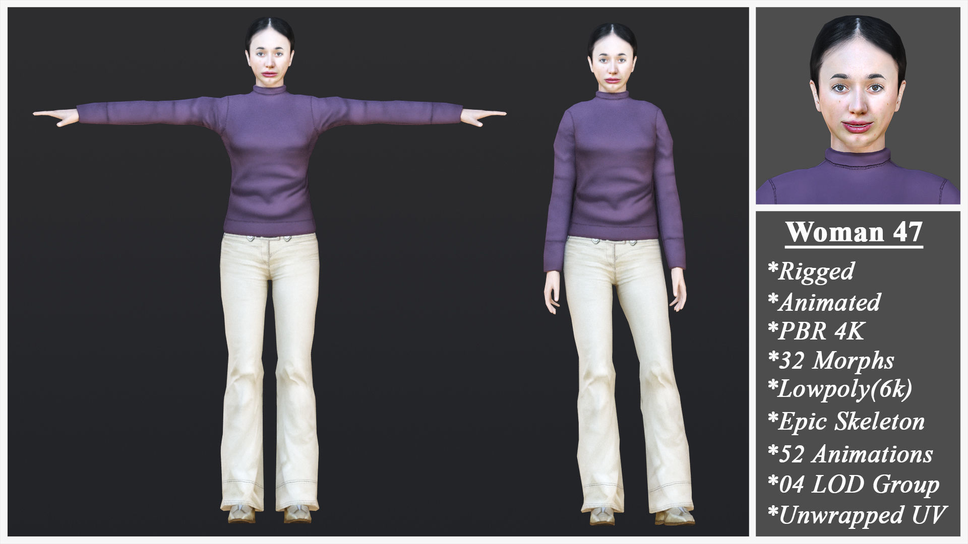 Woman 46 To 50 With 52 Animations 32 Morphs 3D Model Collection_6