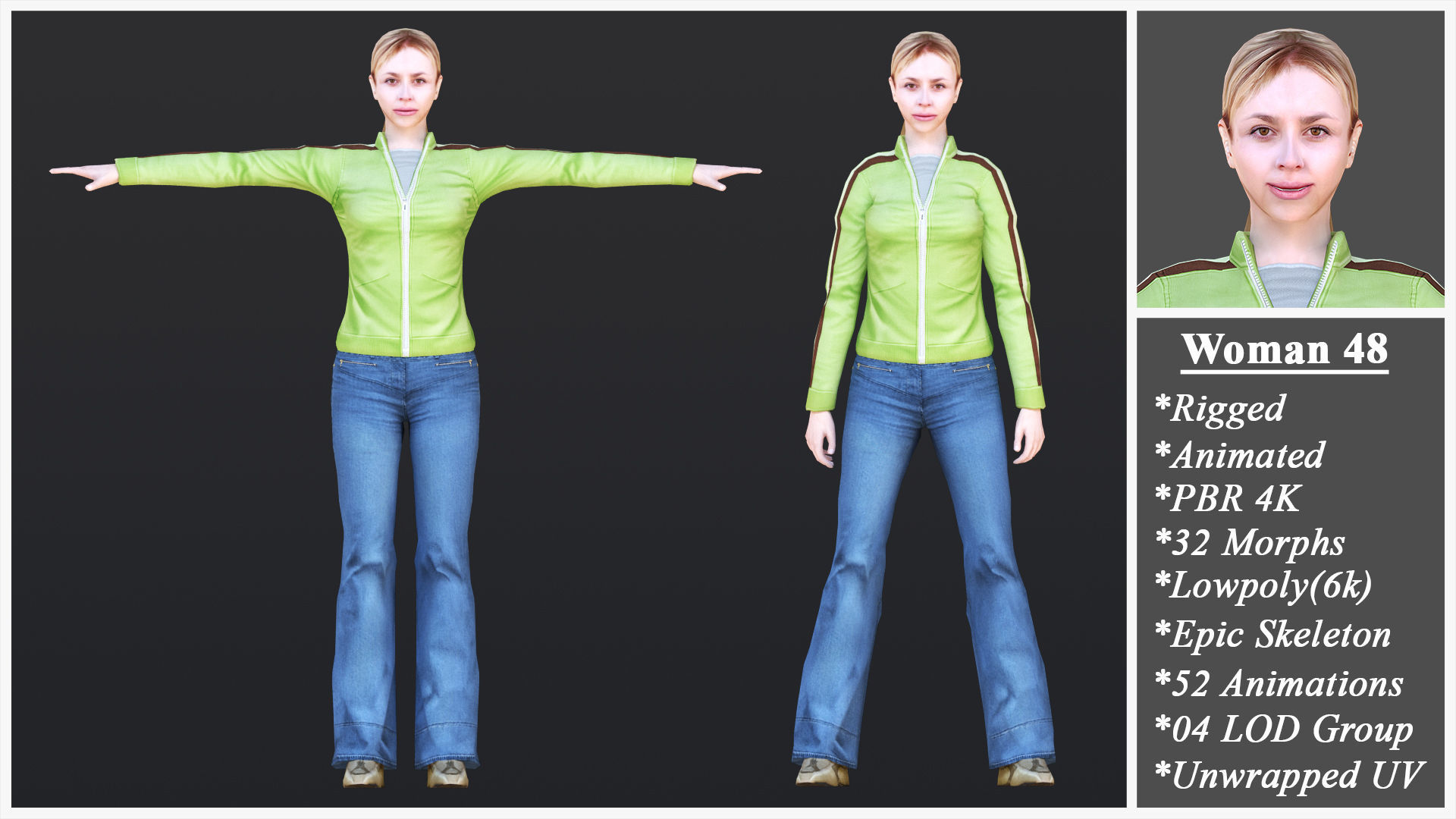 Woman 46 To 50 With 52 Animations 32 Morphs 3D Model Collection_7