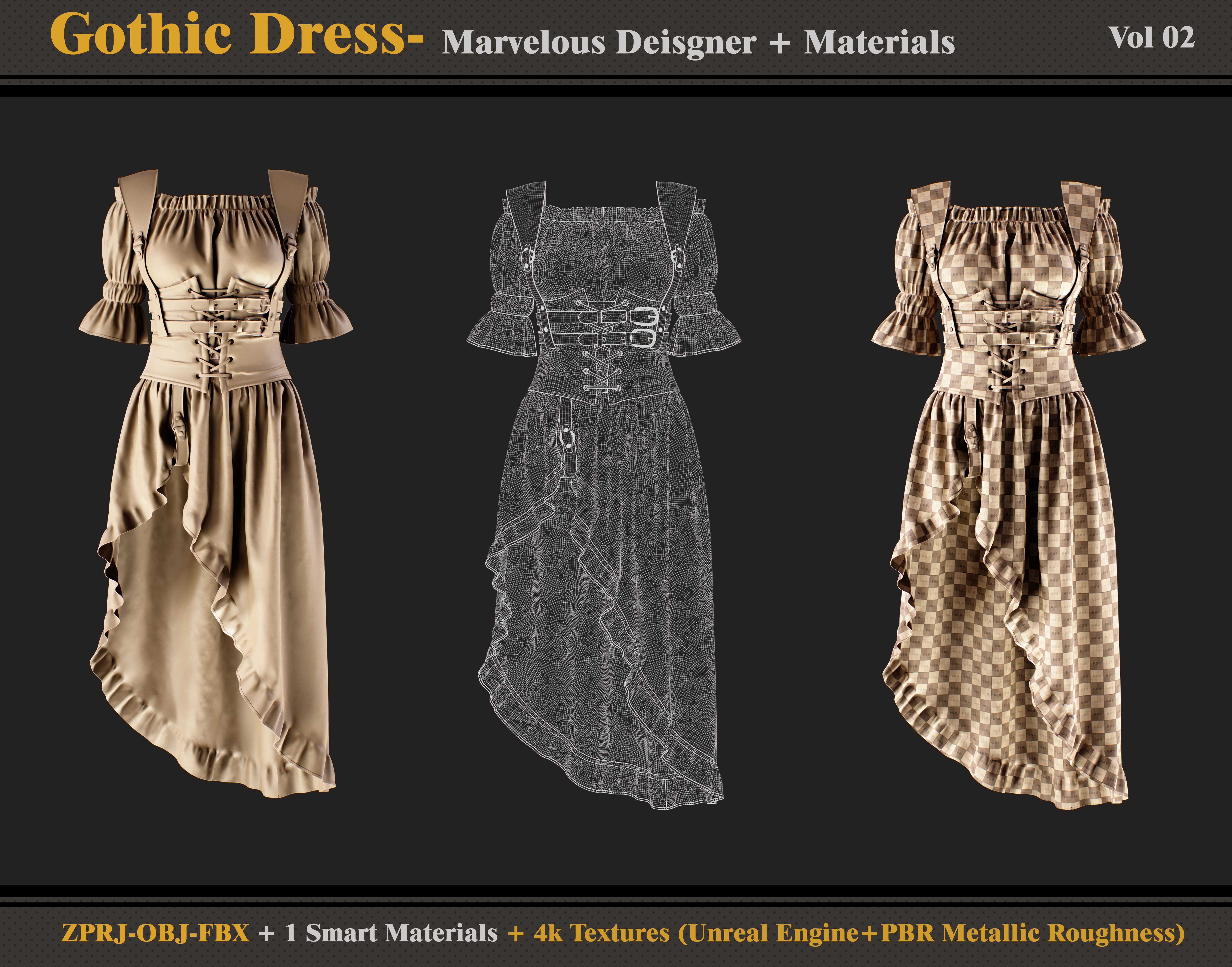 Gothic Dress - Marvelous Designer -Smart Material - Textures 3D model_3