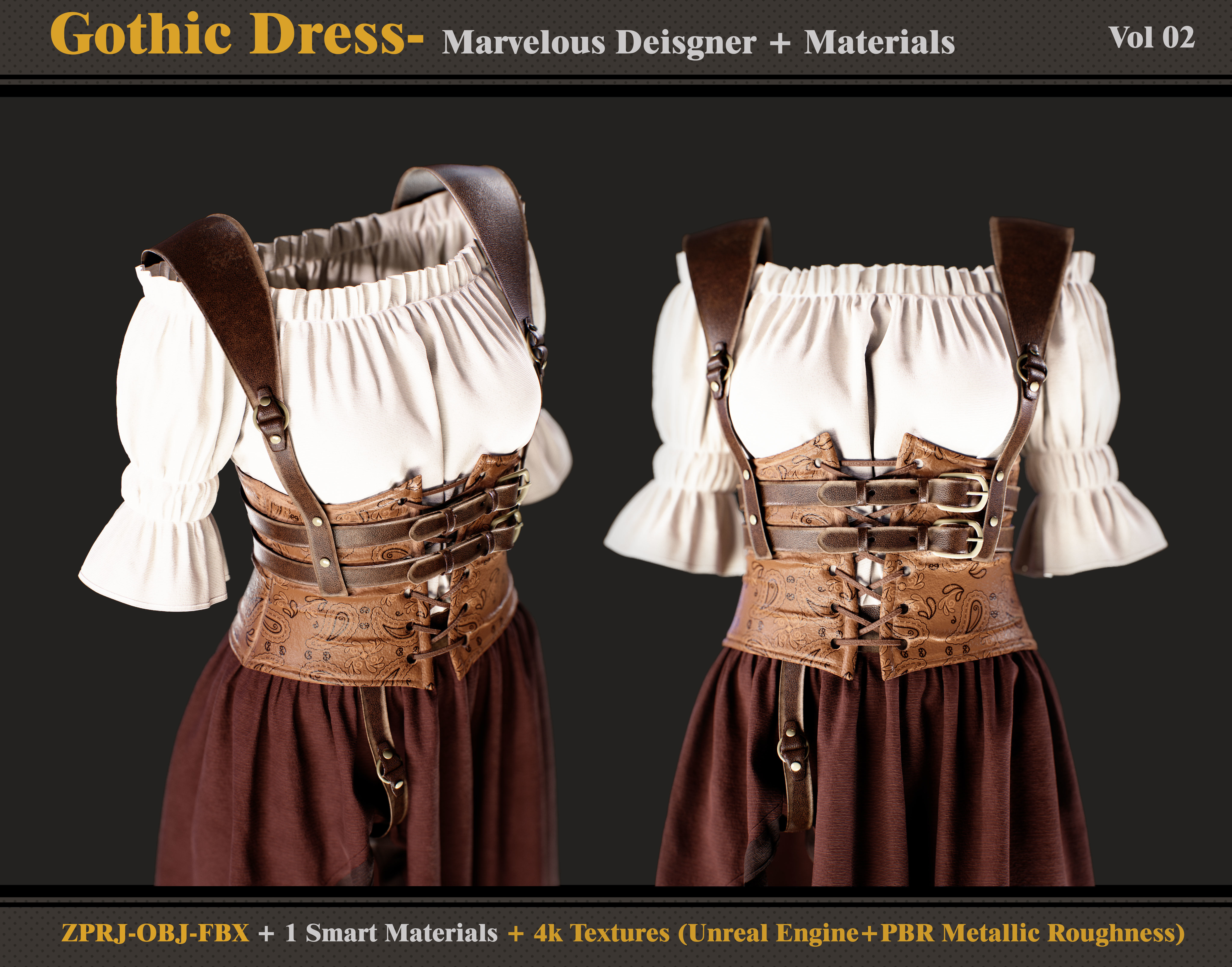 Gothic Dress - Marvelous Designer -Smart Material - Textures 3D model_2