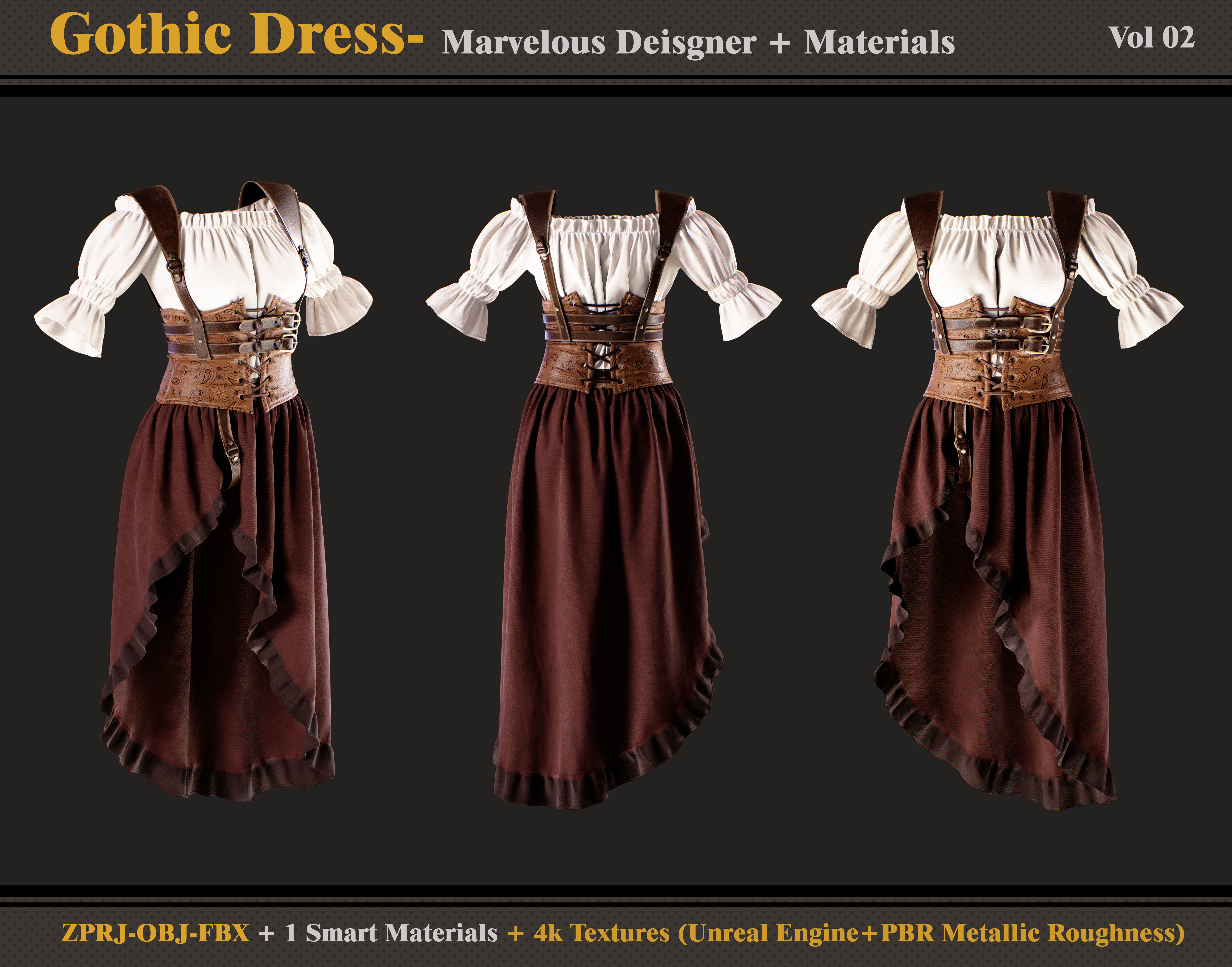 Gothic Dress - Marvelous Designer -Smart Material - Textures 3D model_1