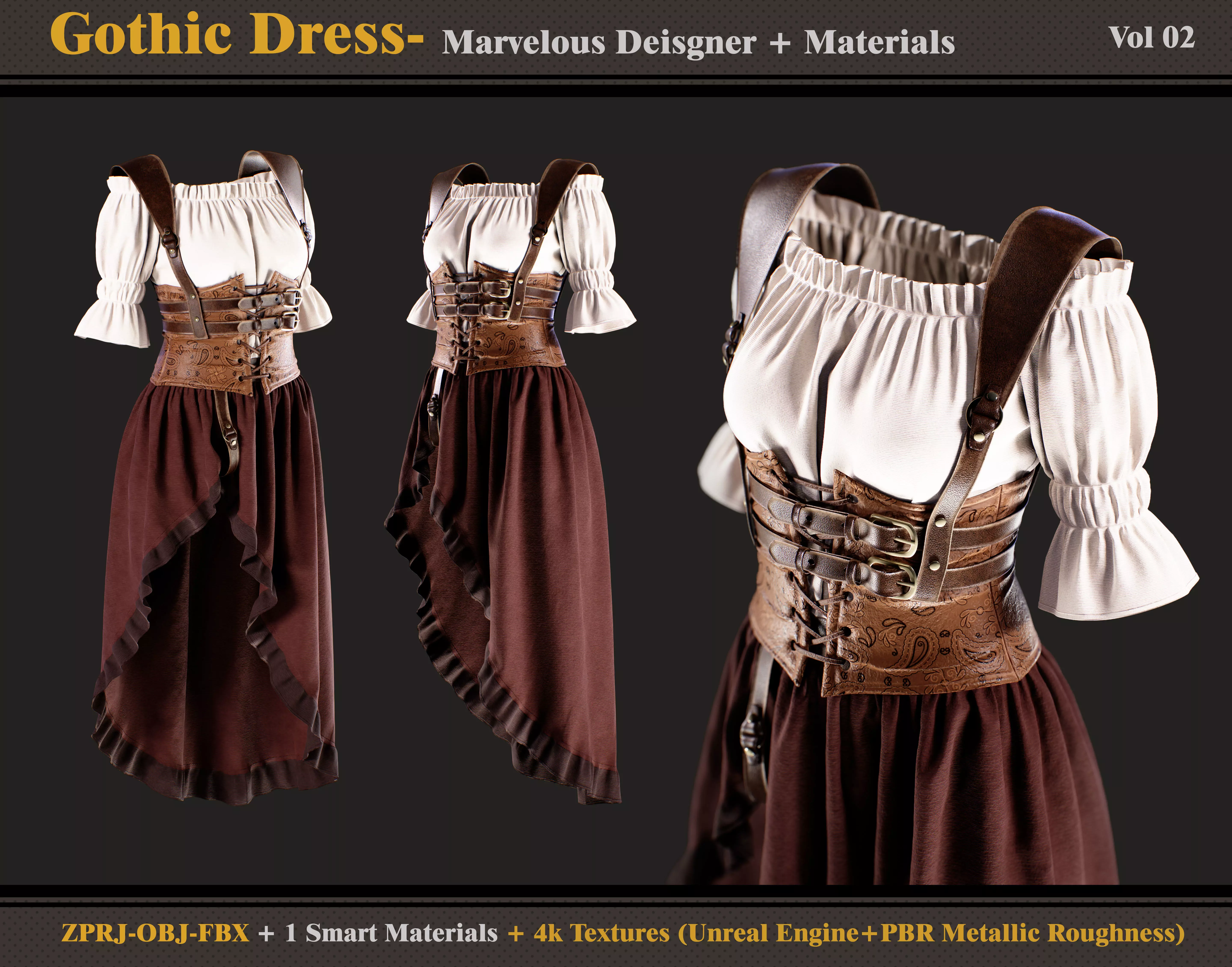 Gothic Dress - Marvelous Designer -Smart Material - Textures 3D model_0