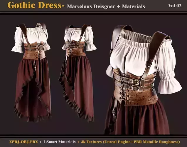 Gothic Dress - Marvelous Designer -Smart Material - Textures 3D model