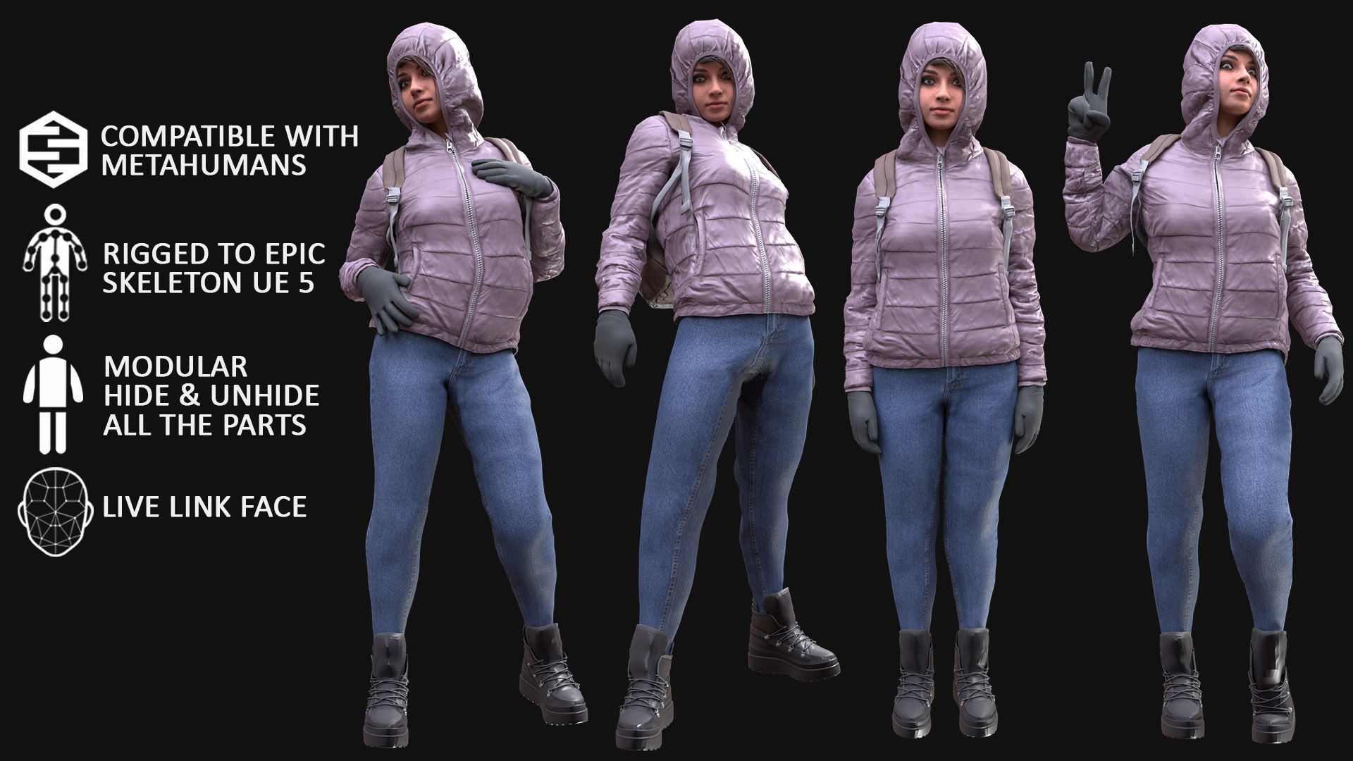 Woman - Winter Outfit 3 - Modular - Rigged Low-poly 3D model_3