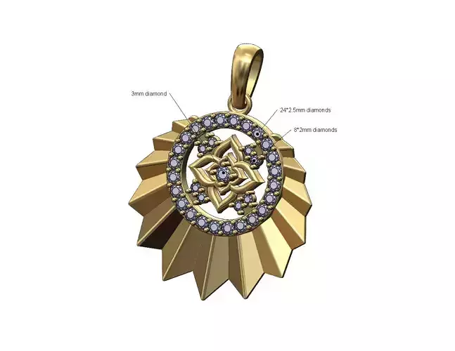 Diamond oriental flower and halo sunburst pendant with bail