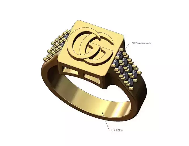 Gucci GG logo diamond sides square signet ring US size 9