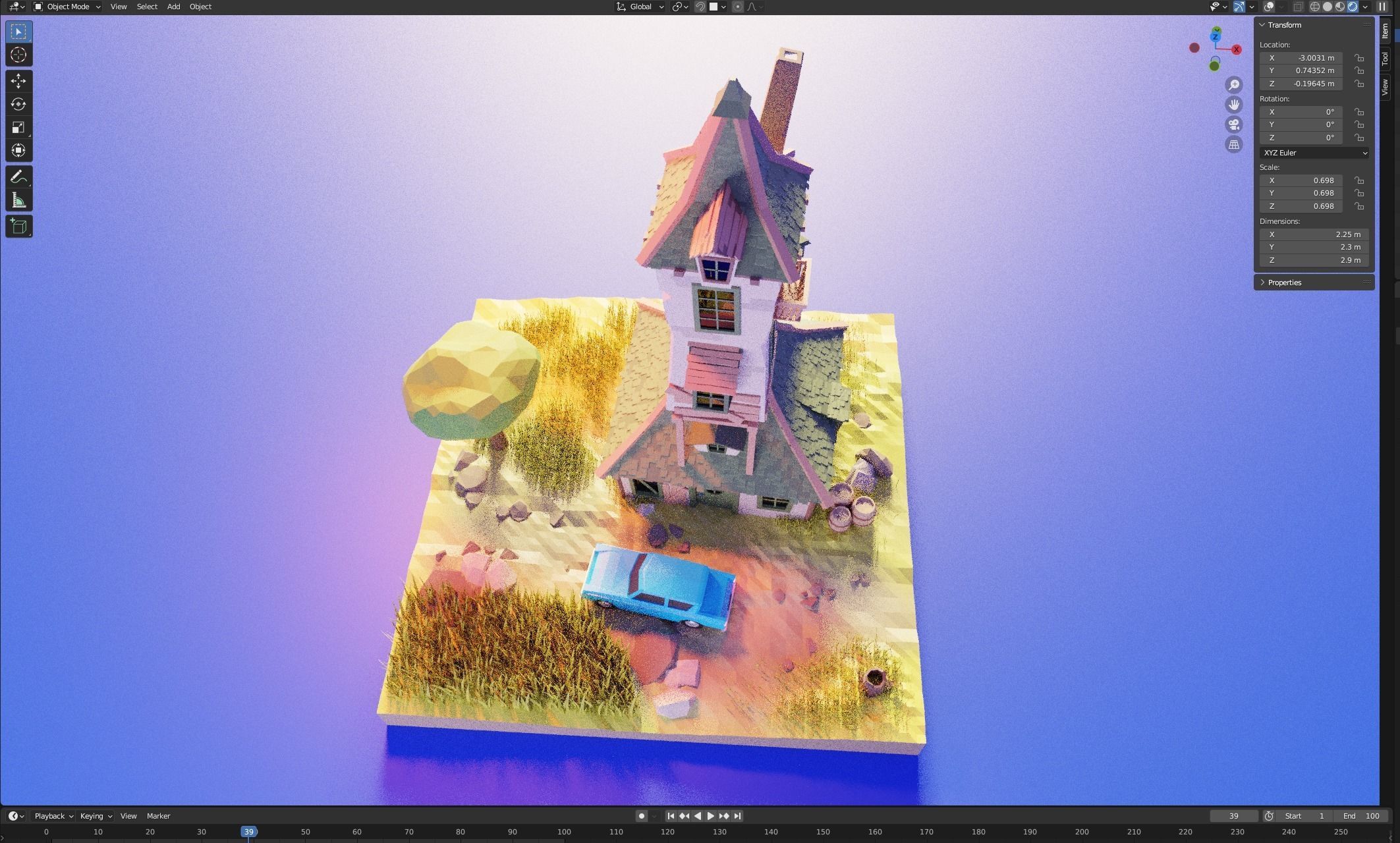 Isometric House with car  Low-poly 3D model_1