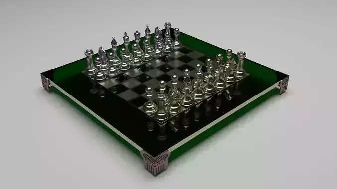 Metallic Chess Figures On Metallic Chess Board 3D model