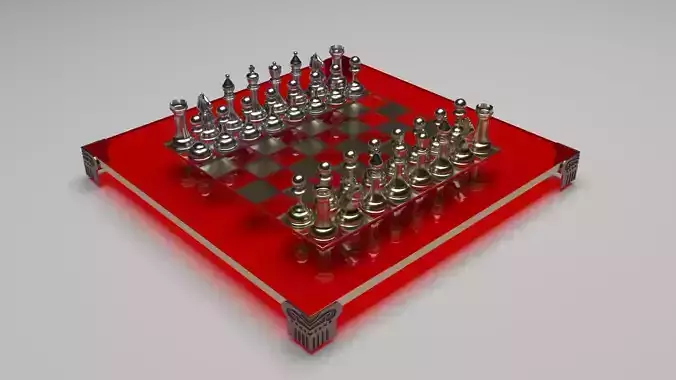 Metallic Chess Figures On Metallic Chess Board 3D model