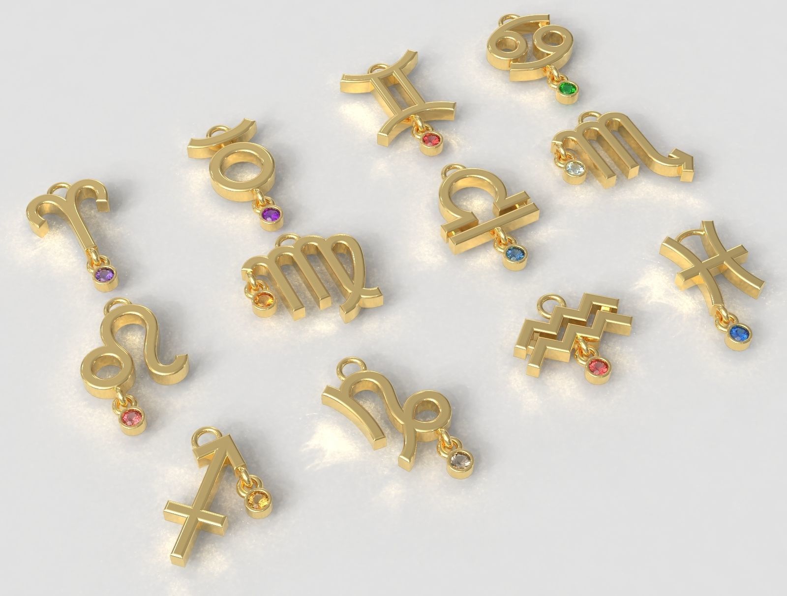 12 Zodiac Pendants with gemstone 3D print model_1