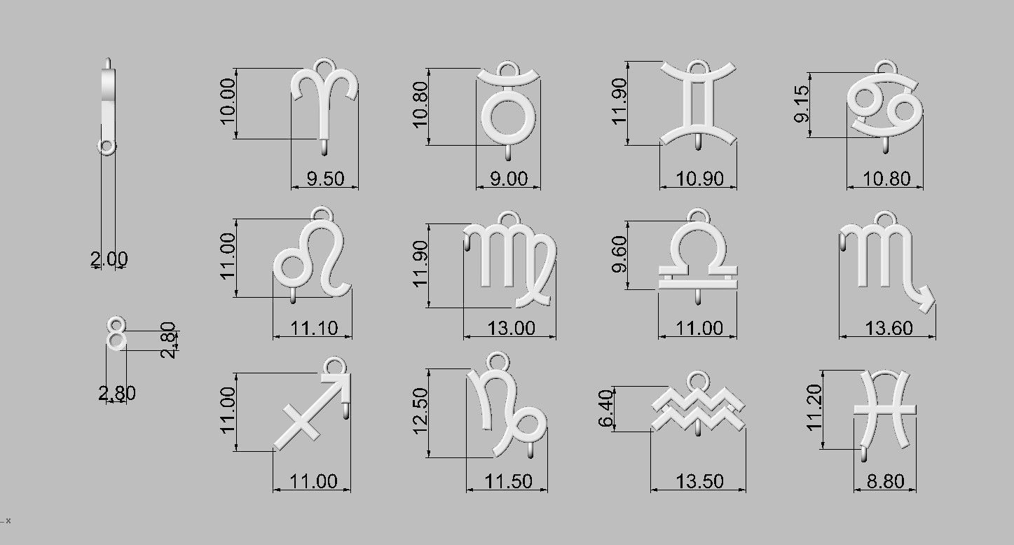 12 Zodiac Pendants with gemstone 3D print model_3