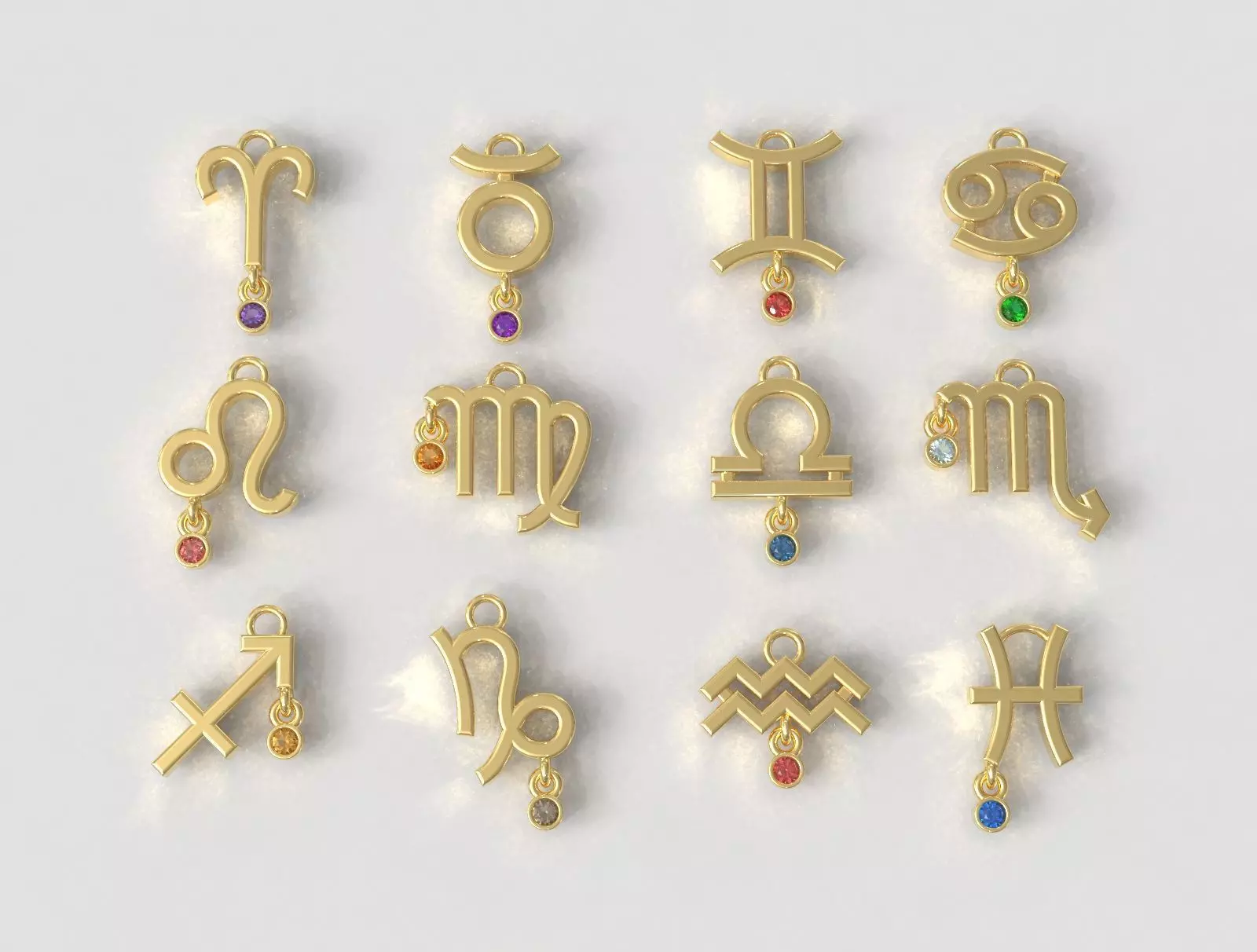 12 Zodiac Pendants with gemstone 3D print model_0