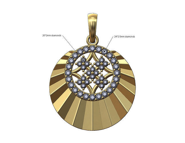 Diamond square cluster and halo sunburst round pendant with bail 3D print model