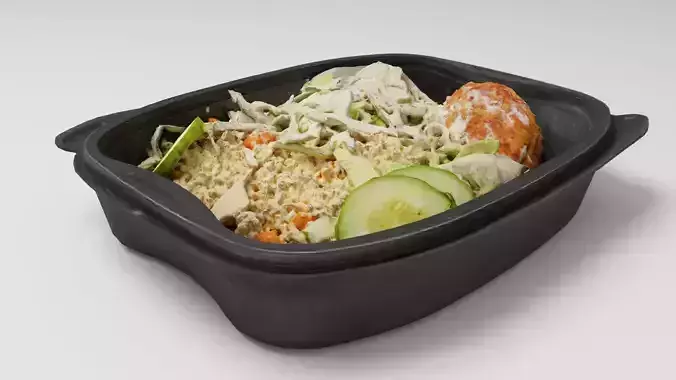 Poke bowl lunch box with pilaf cucumber meat ball and salad 3D model