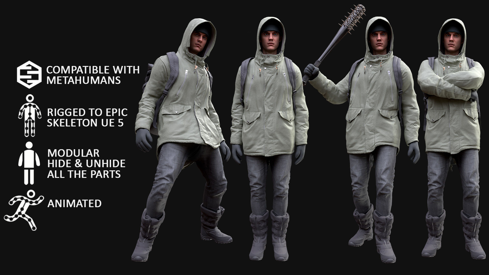 Man Winter Outfit 2 - Modular - Rigged - Animated Low-poly 3D model_3