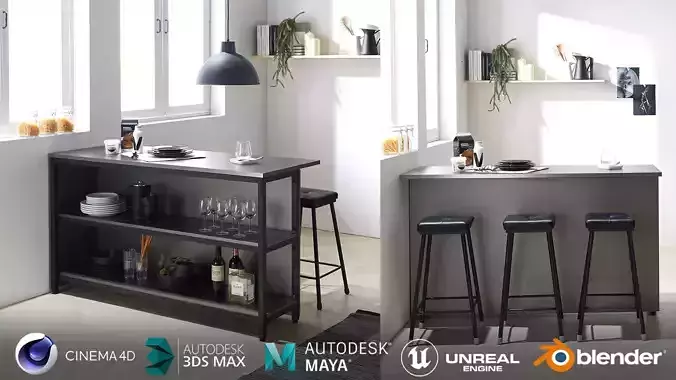 Modern Din Metal Gray Storage Island Dining Table 3D model