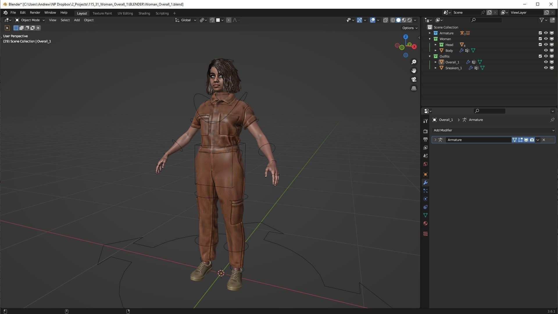 Woman in Overall 1 - Modular - Rigged Low-poly 3D model_8