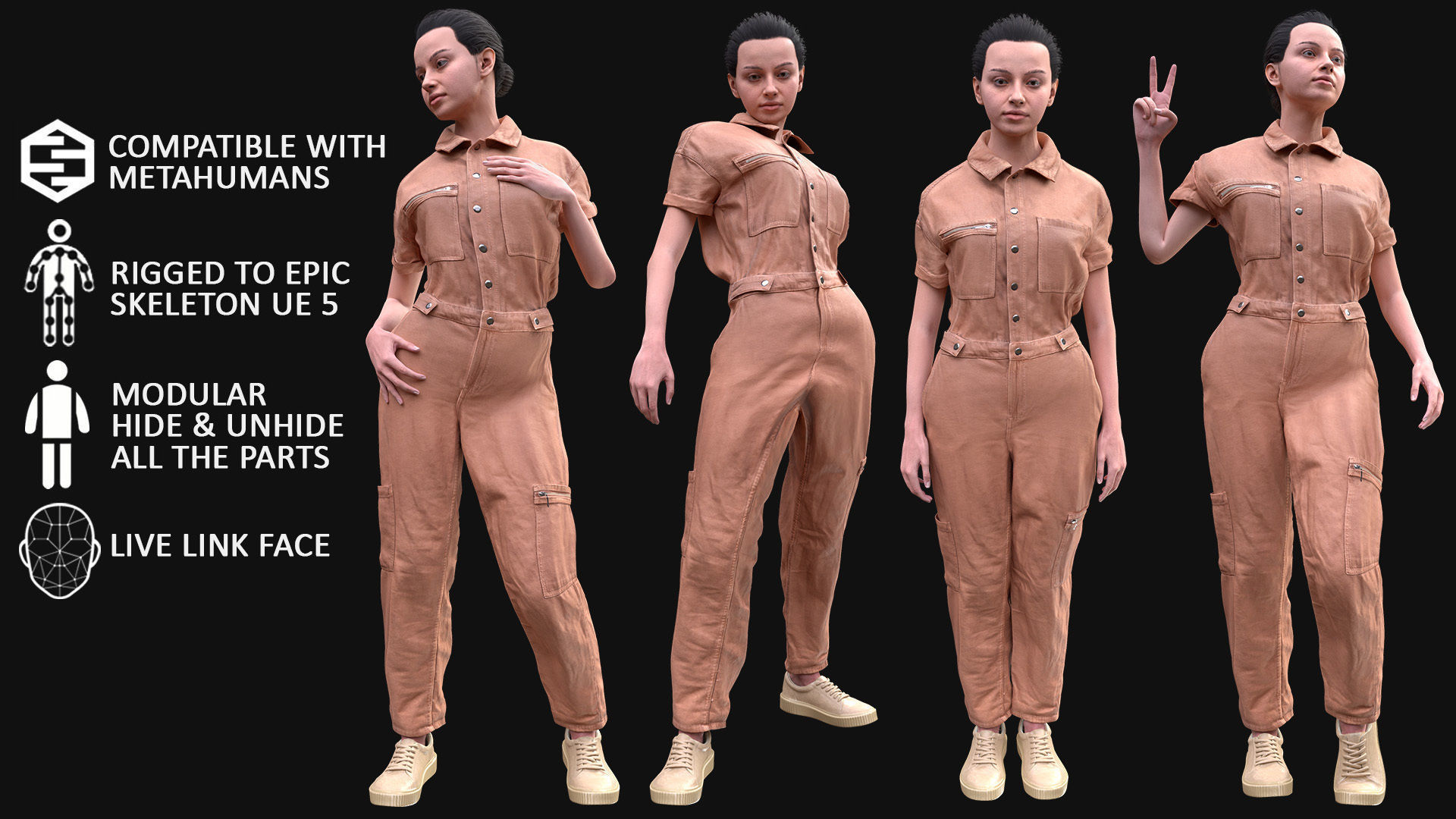 Woman in Overall 1 - Modular - Rigged Low-poly 3D model_3