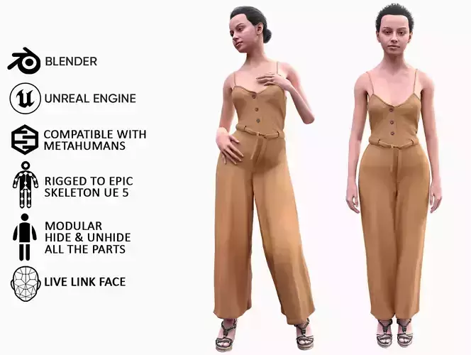 Woman in Overall - Modular - Rigged Low-poly 3D model