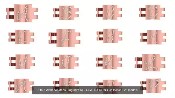 A to Z Alphabet Mens Ring 3dm STL OBJ FBX Details Collection 