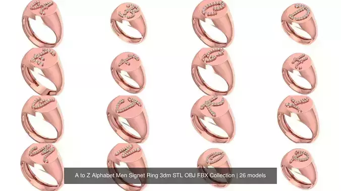 A to Z Alphabet Men Signet Ring 3dm STL OBJ FBX Collection