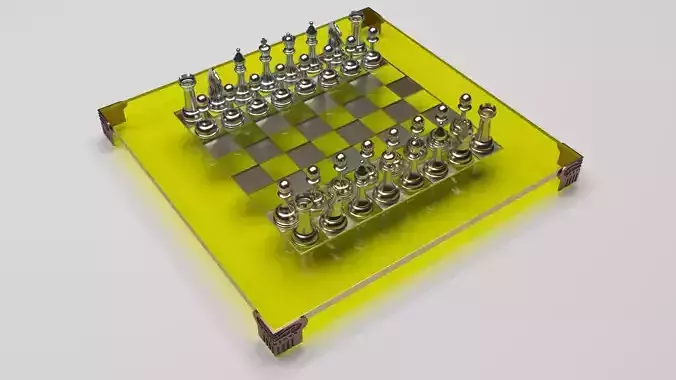 Metallic Chess Figures On Metallic Chess Board 3D model