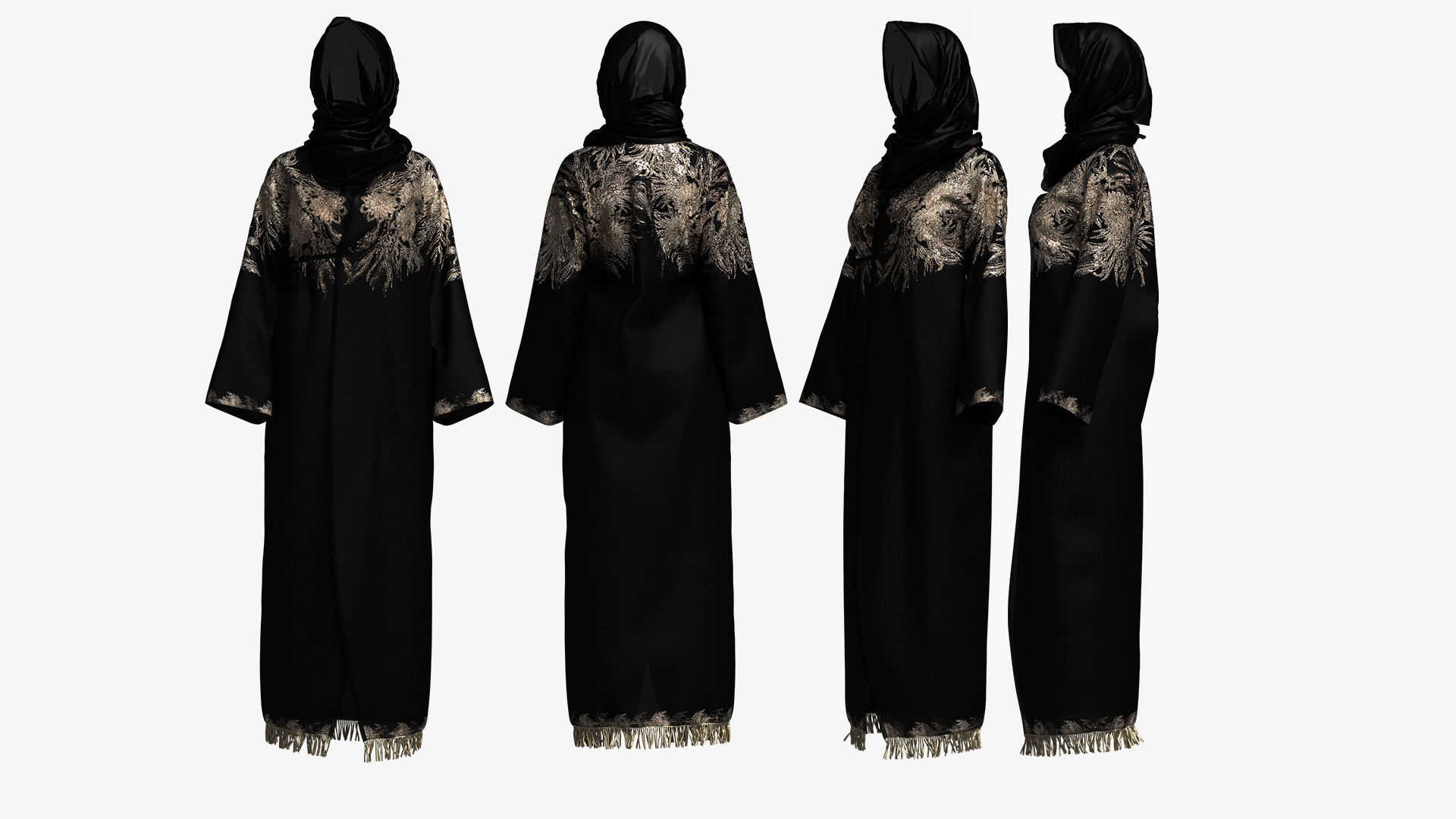Elegant Black-Gold Embroidered Abaya with Hijab 3D model_8