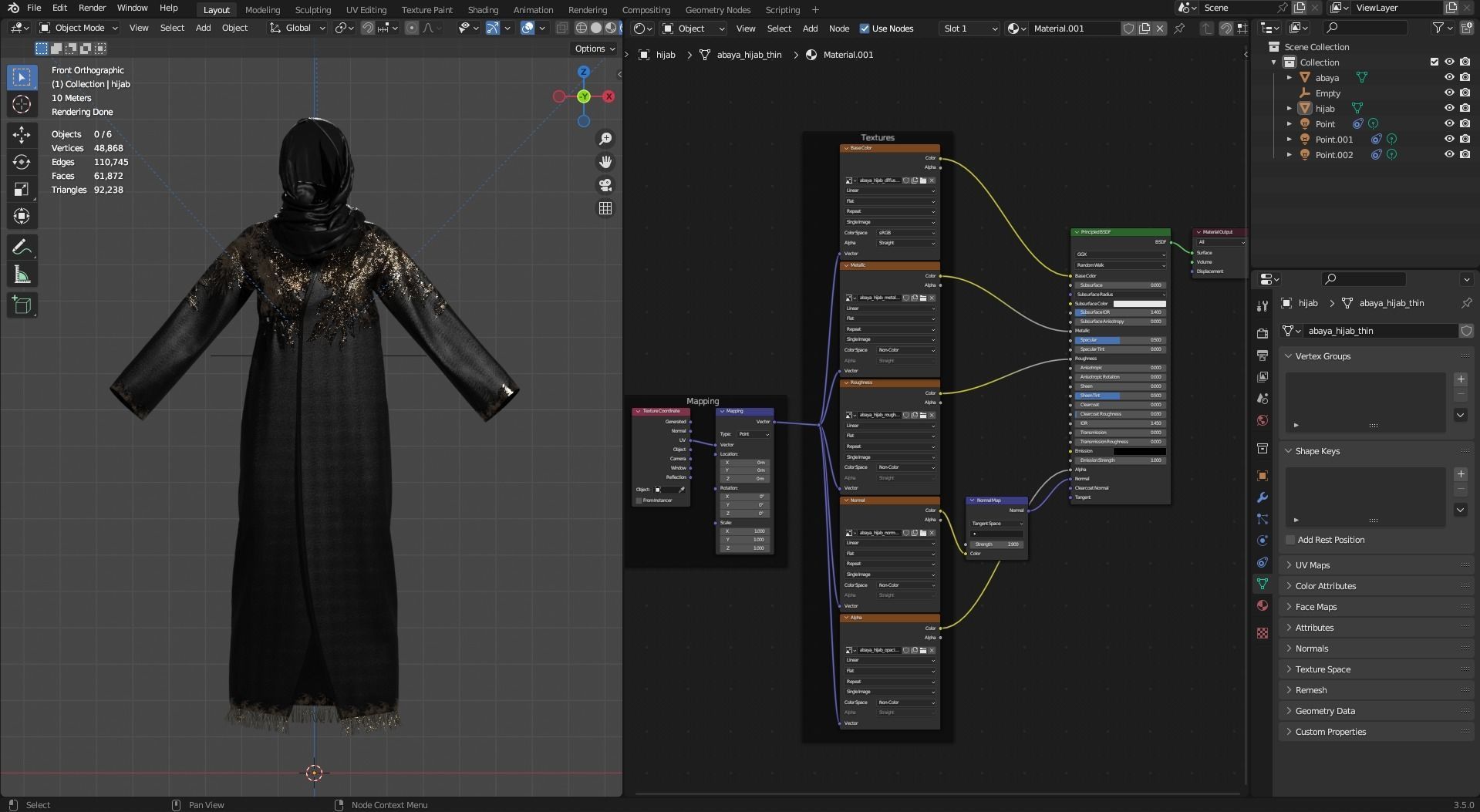 Elegant Black-Gold Embroidered Abaya with Hijab 3D model_15