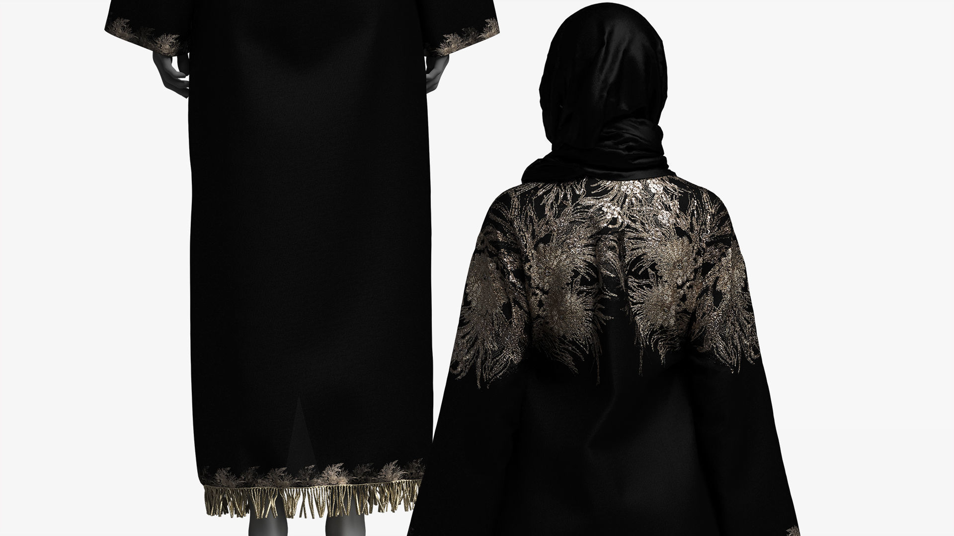 Elegant Black-Gold Embroidered Abaya with Hijab 3D model_9