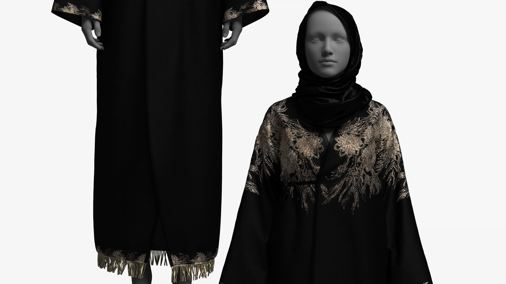 Elegant Black-Gold Embroidered Abaya with Hijab 3D model_11