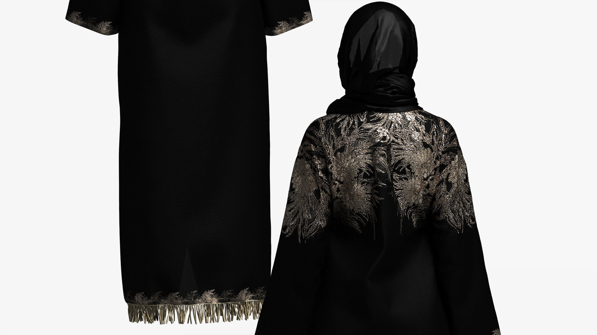 Elegant Black-Gold Embroidered Abaya with Hijab 3D model_10