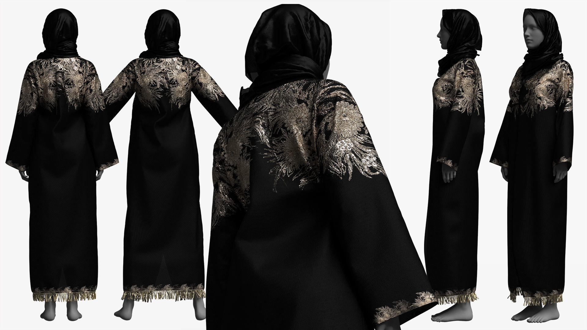 Elegant Black-Gold Embroidered Abaya with Hijab 3D model_2