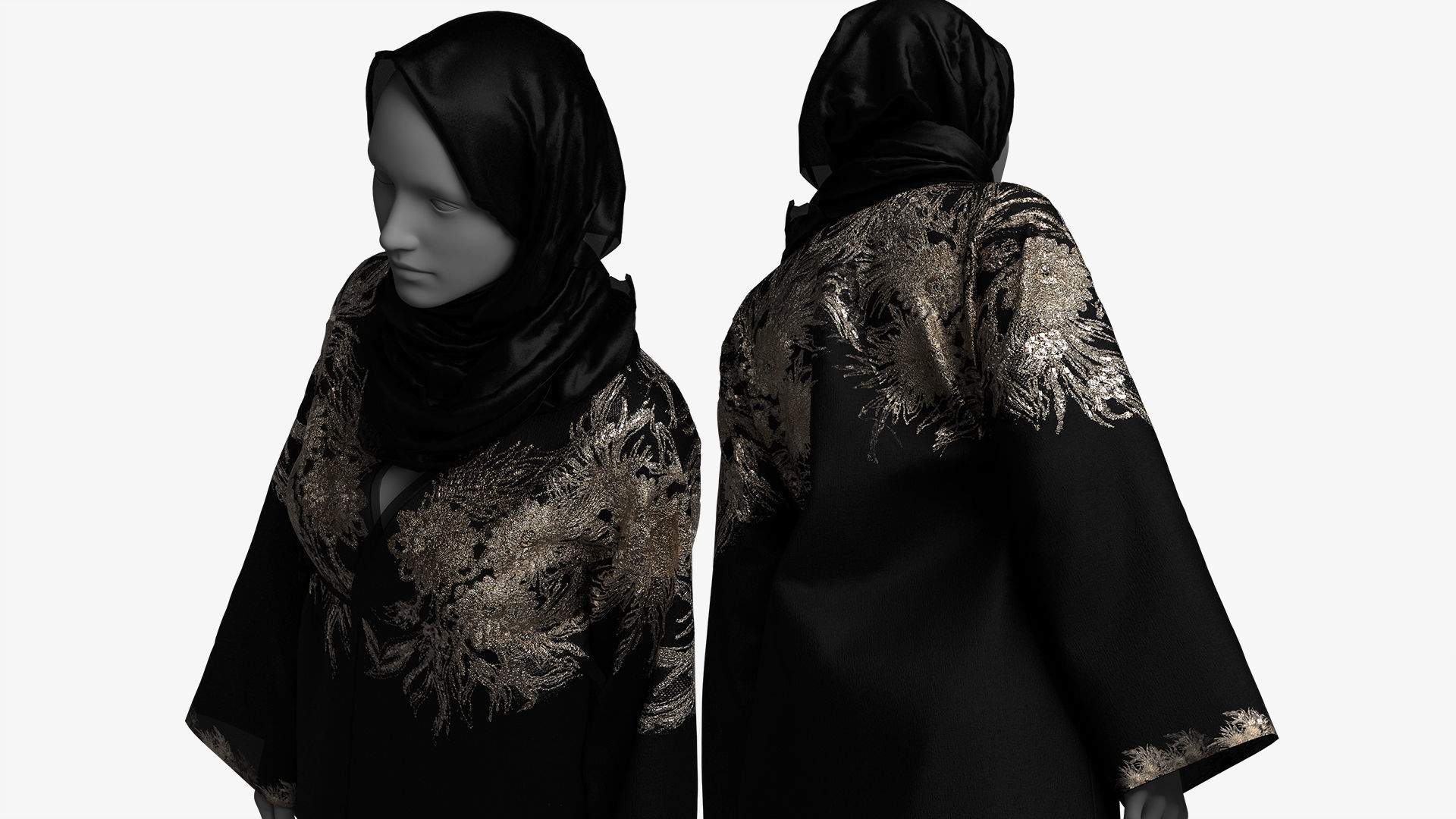Elegant Black-Gold Embroidered Abaya with Hijab 3D model_5