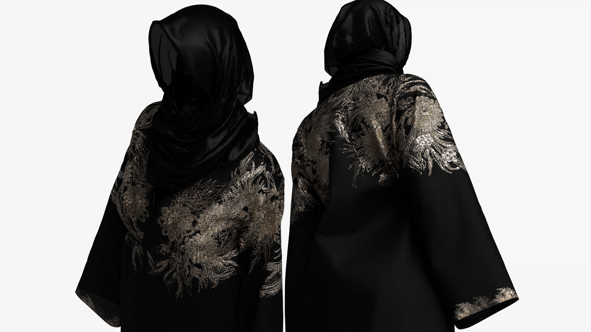 Elegant Black-Gold Embroidered Abaya with Hijab 3D model_6