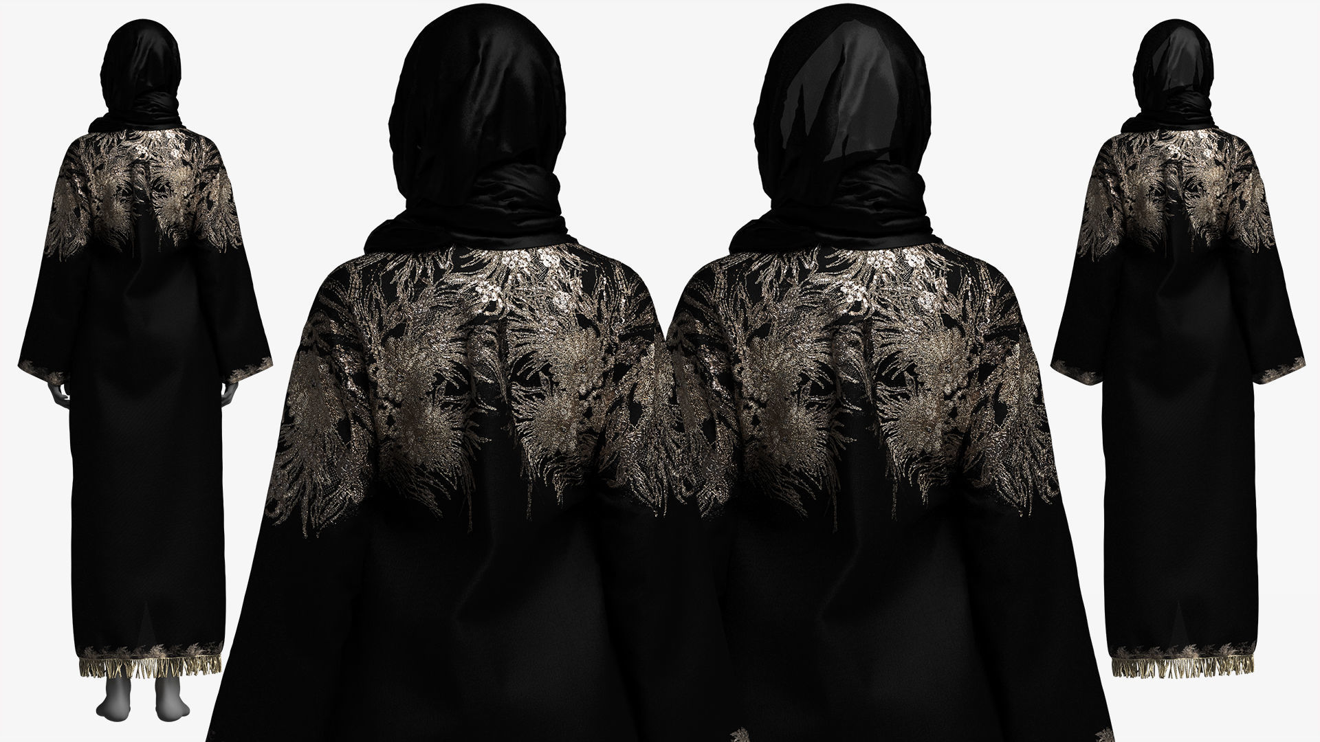 Elegant Black-Gold Embroidered Abaya with Hijab 3D model_1