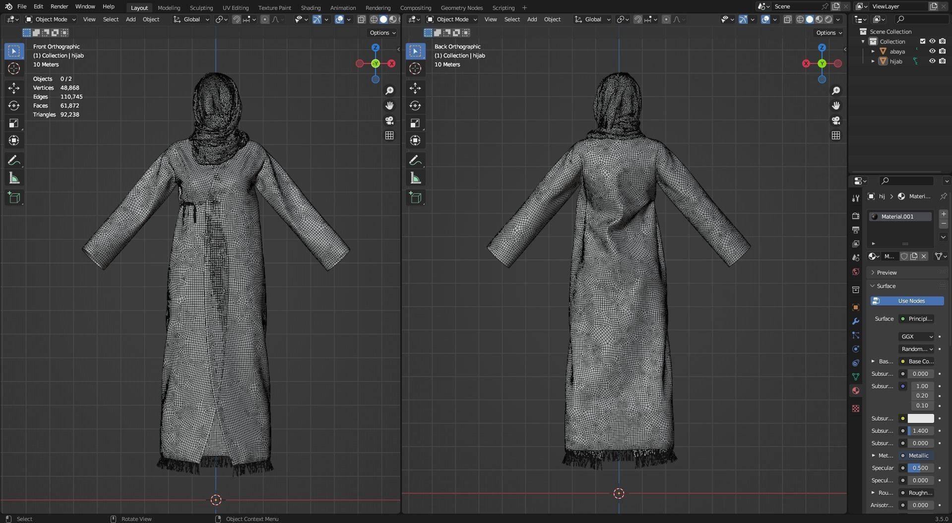 Elegant Black-Gold Embroidered Abaya with Hijab 3D model_14