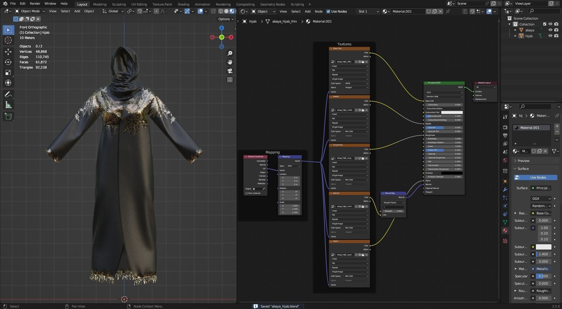 Elegant Black-Gold Embroidered Abaya with Hijab 3D model_13