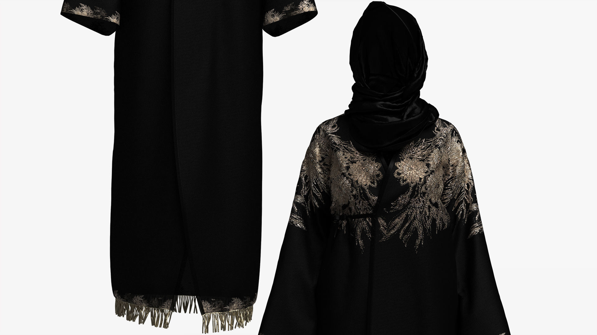 Elegant Black-Gold Embroidered Abaya with Hijab 3D model_12