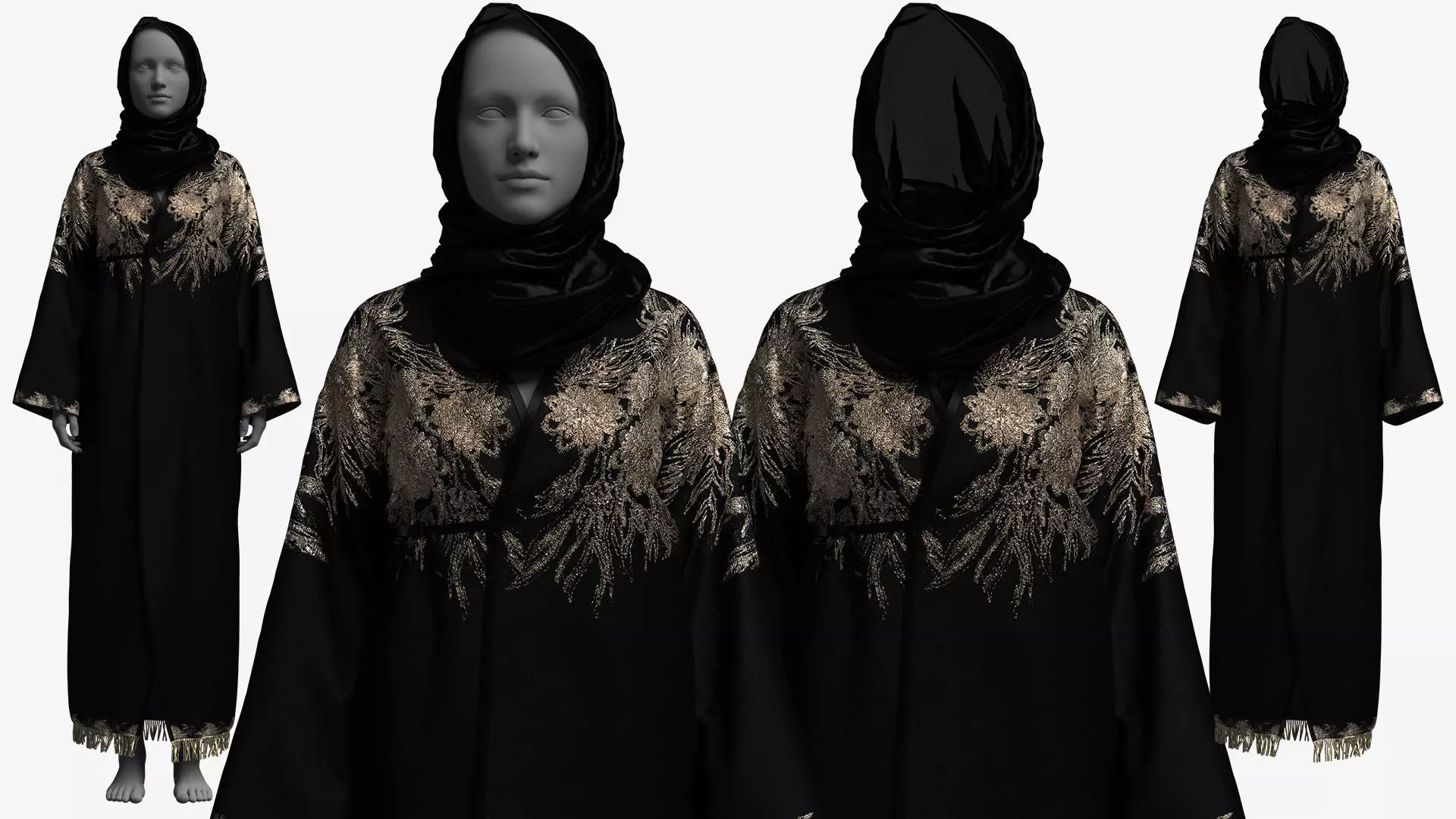 Elegant Black-Gold Embroidered Abaya with Hijab 3D model_0